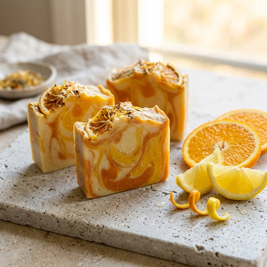 Orange and yellow swirled citrus handmade soap with fresh citrus slices
