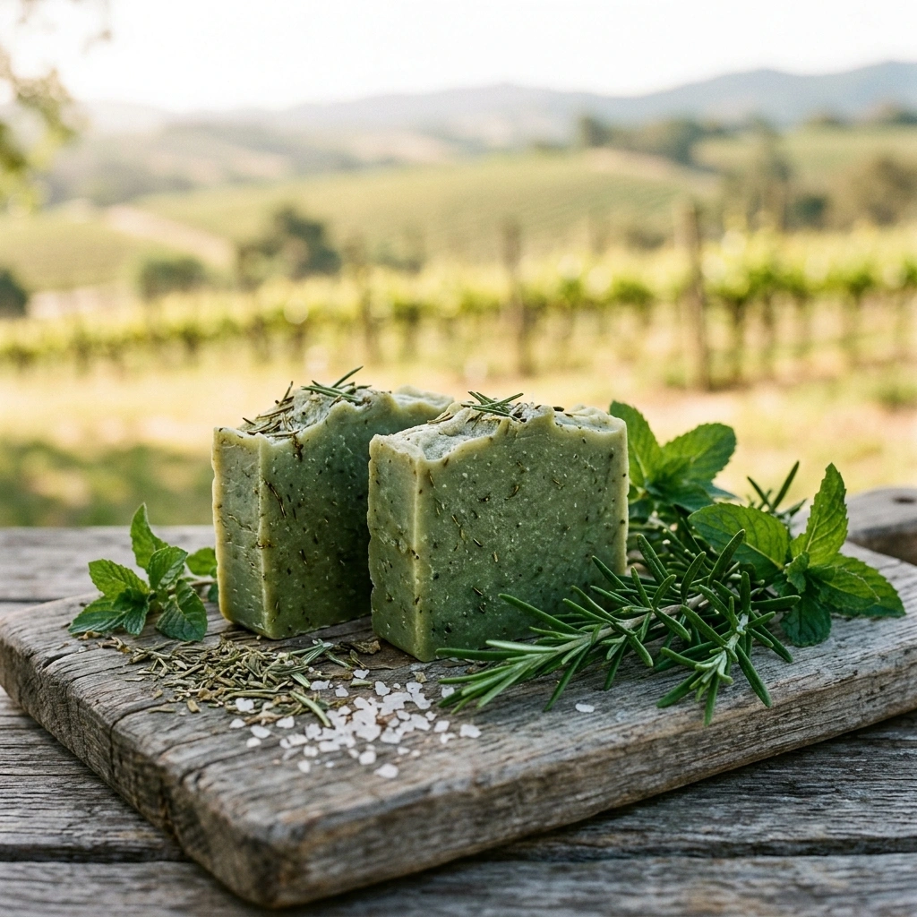 Green rosemary and mint handmade soap bars with fresh rosemary sprigs